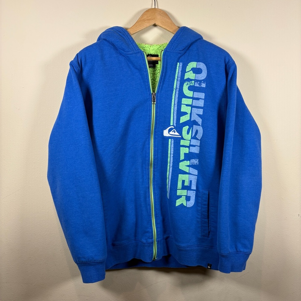 Quiksilver Y2K Sherpa Lined Zip Up Surfcore Blue & Neon Green Heavyweight Hoodie